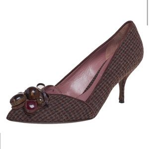 Miu Miu Brown Wool Houndstooth Enamel Embellished Work Pumps leather shoes 37.5